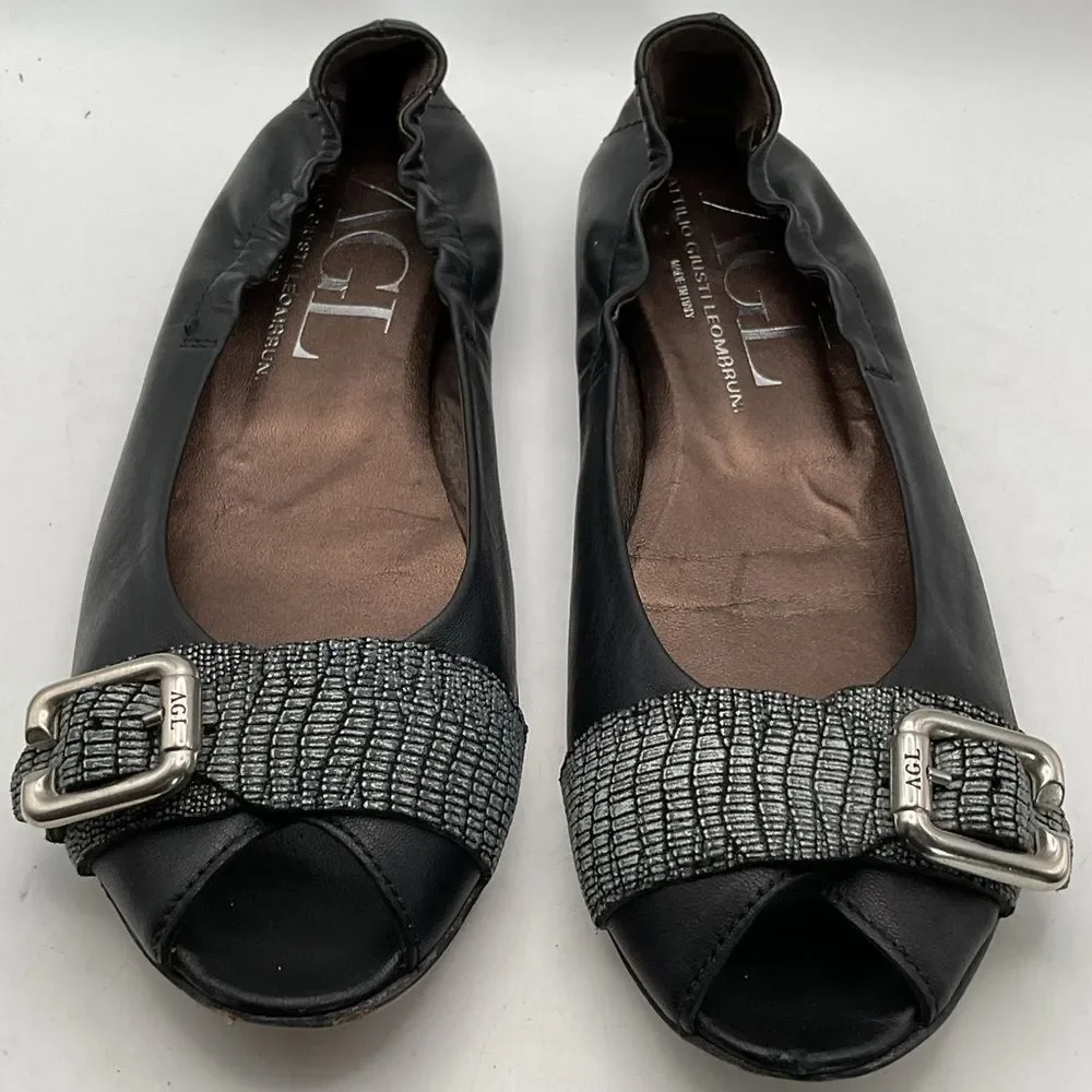 AGL ladies ballet flats shoes 38 1/2 us 8 1/2 black silver peep toe leather chic - Picture 4 of 13